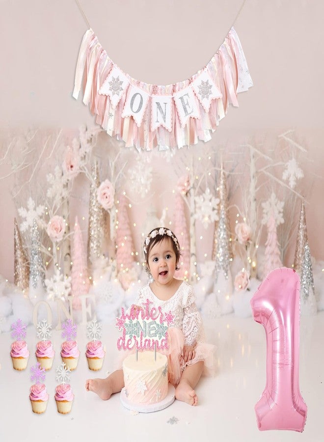 beaded Snowflake One High Chair Banner - Girl's 1st Birthday Party Banner, Winter Wonderland Decorations, Smash Cake Photo Props, Pink - Image 4